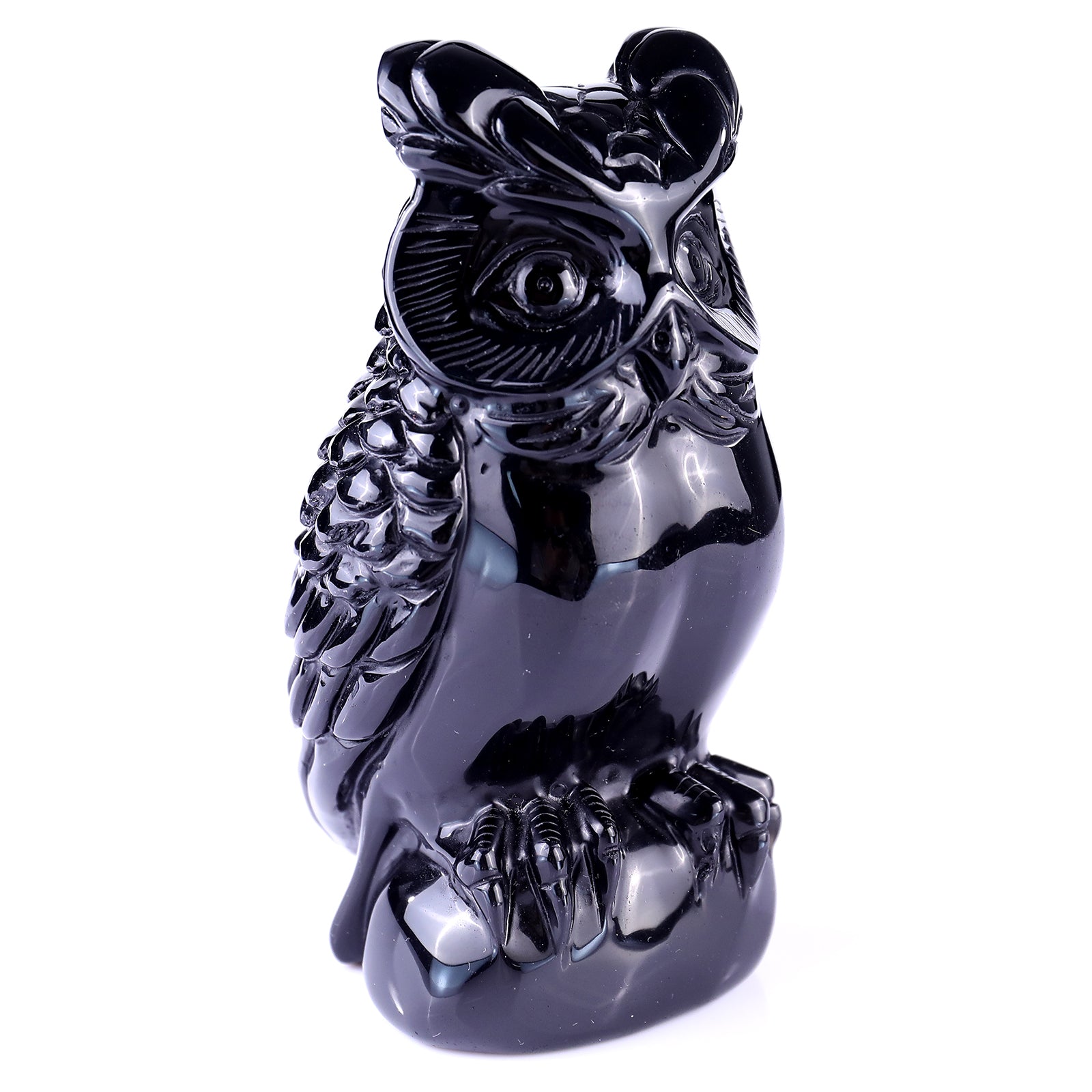 5.8" Black Obsidian Hand Carved Crystal Owl Sculpture Crystallumi