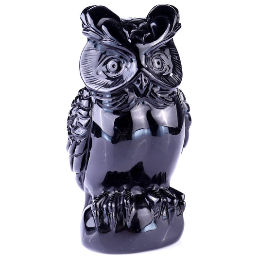 5.8" Black Obsidian Hand Carved Crystal Owl Sculpture Crystallumi