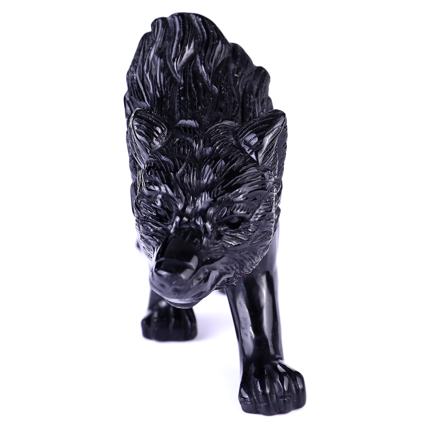 5.9" Black Obsidian Hand Carved Crystal Wolf Sculpture Crystallumi