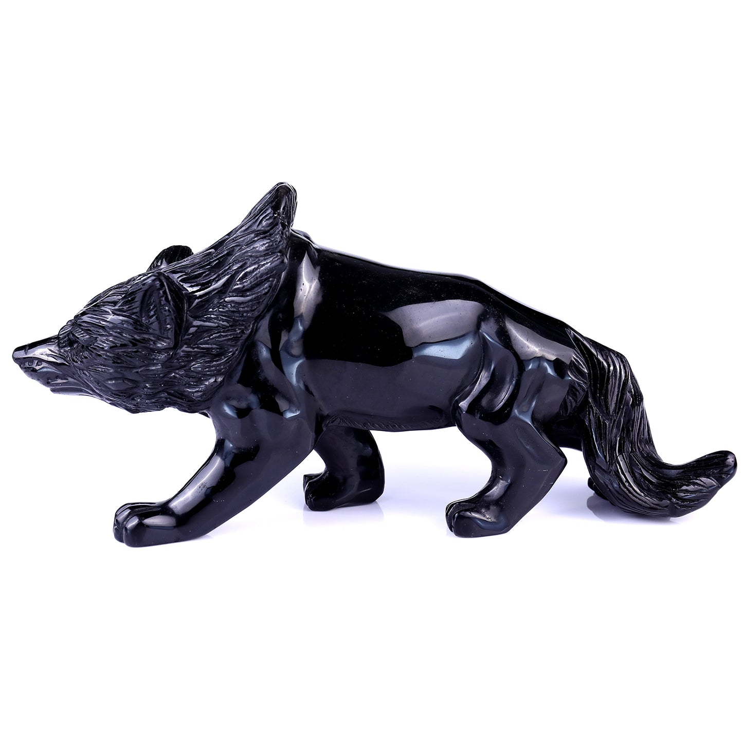 5.9" Black Obsidian Hand Carved Crystal Wolf Sculpture Crystallumi