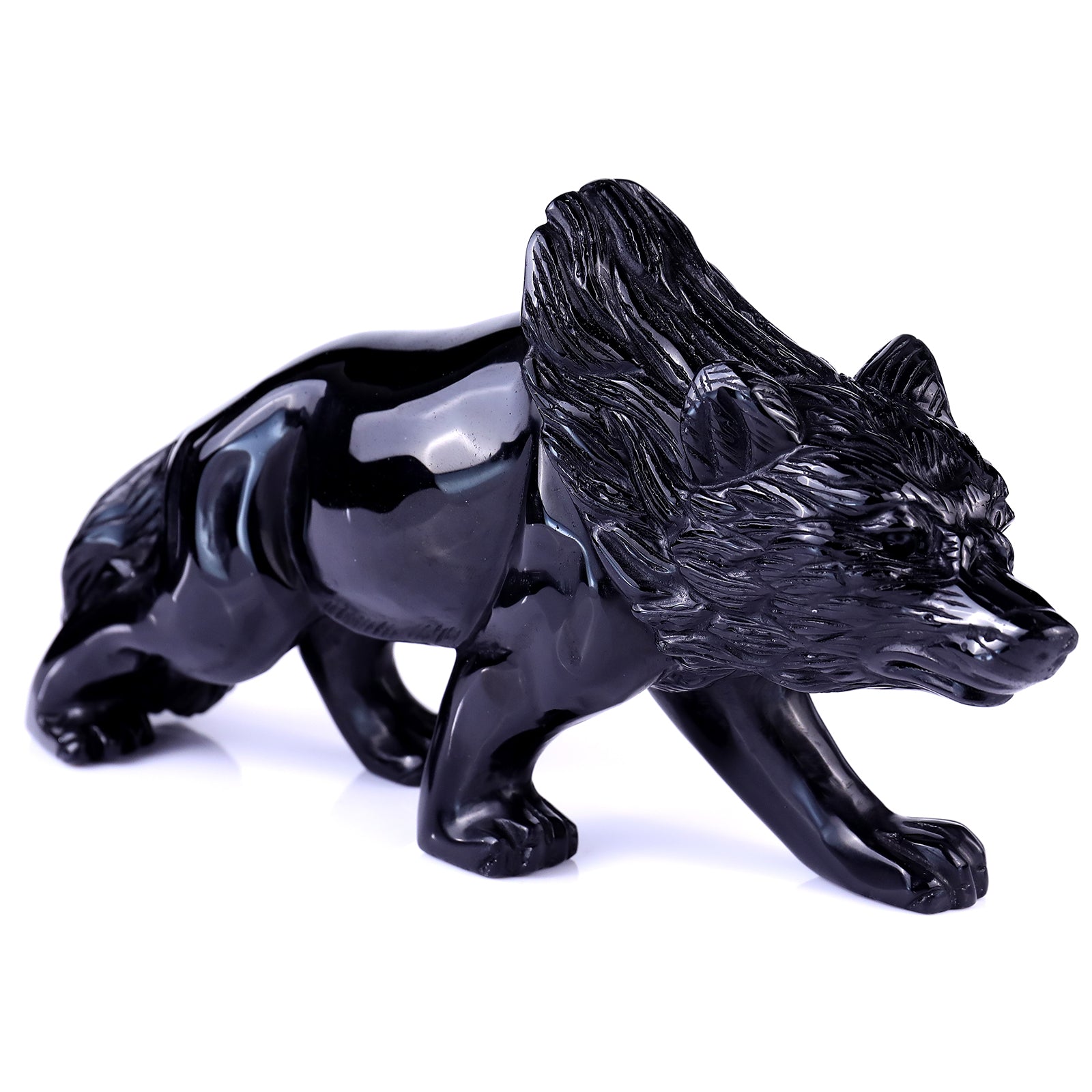 5.9" Black Obsidian Hand Carved Crystal Wolf Sculpture Crystallumi