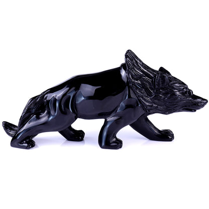 5.9" Black Obsidian Hand Carved Crystal Wolf Sculpture Crystallumi