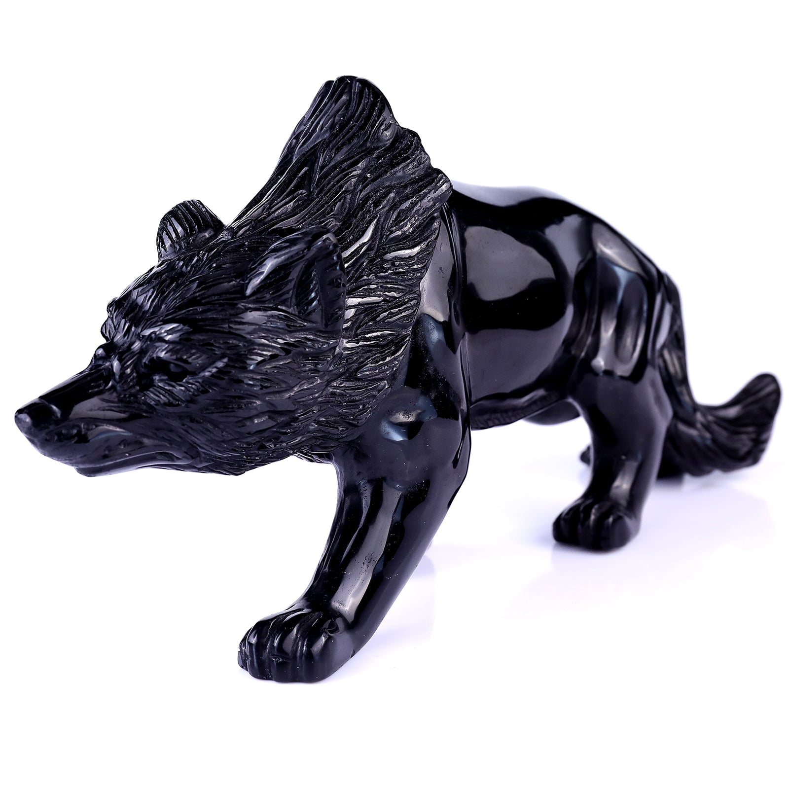 5.9" Black Obsidian Hand Carved Crystal Wolf Sculpture Crystallumi