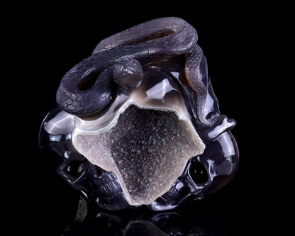 Unique 7.1" Geode Agate Hand Carved Crystal Realistic Skull and Snake Sculpture