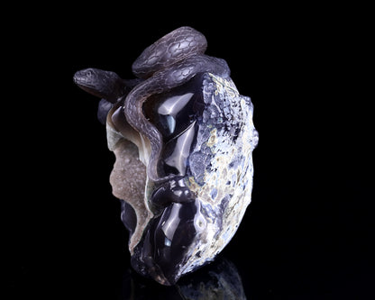 Unique 7.1" Geode Agate Hand Carved Crystal Realistic Skull and Snake Sculpture