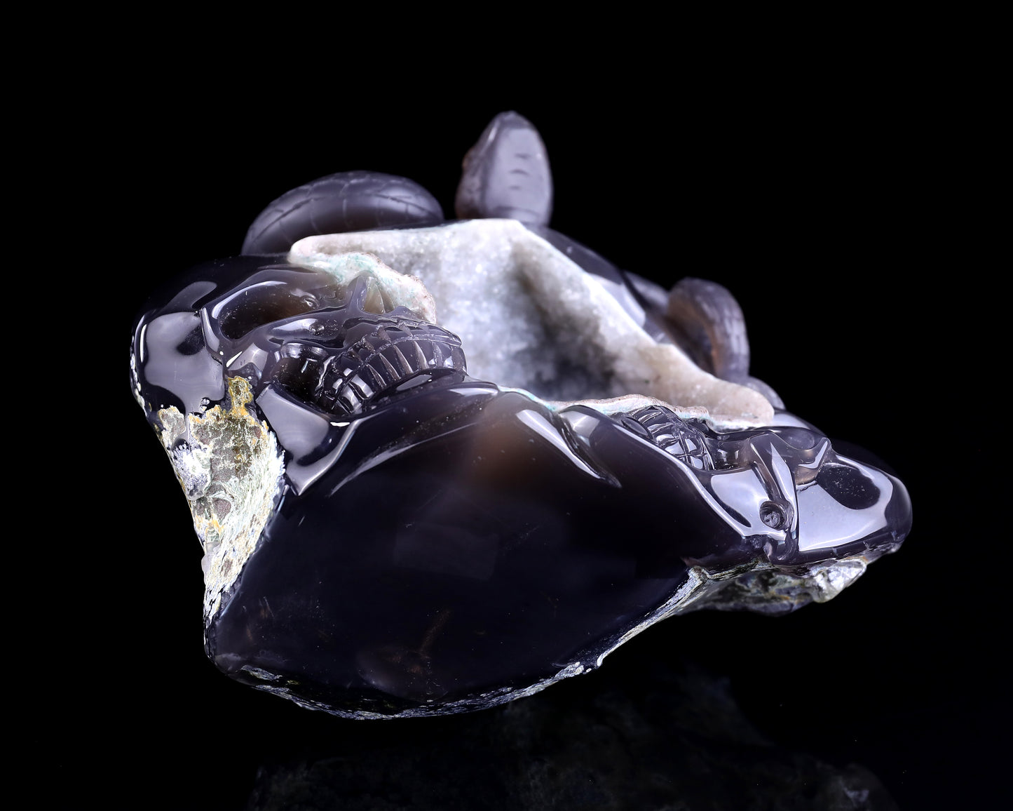 Unique 7.1" Geode Agate Hand Carved Crystal Realistic Skull and Snake Sculpture