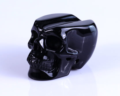 2.3" Black Obsidian Hand Carved Crystal Realistic Skull Cigar Stand Sculpture