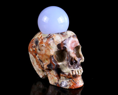 2.2" Coin Agate Hand Carved Crystal Realistic Skull Ball Stand Sculpture