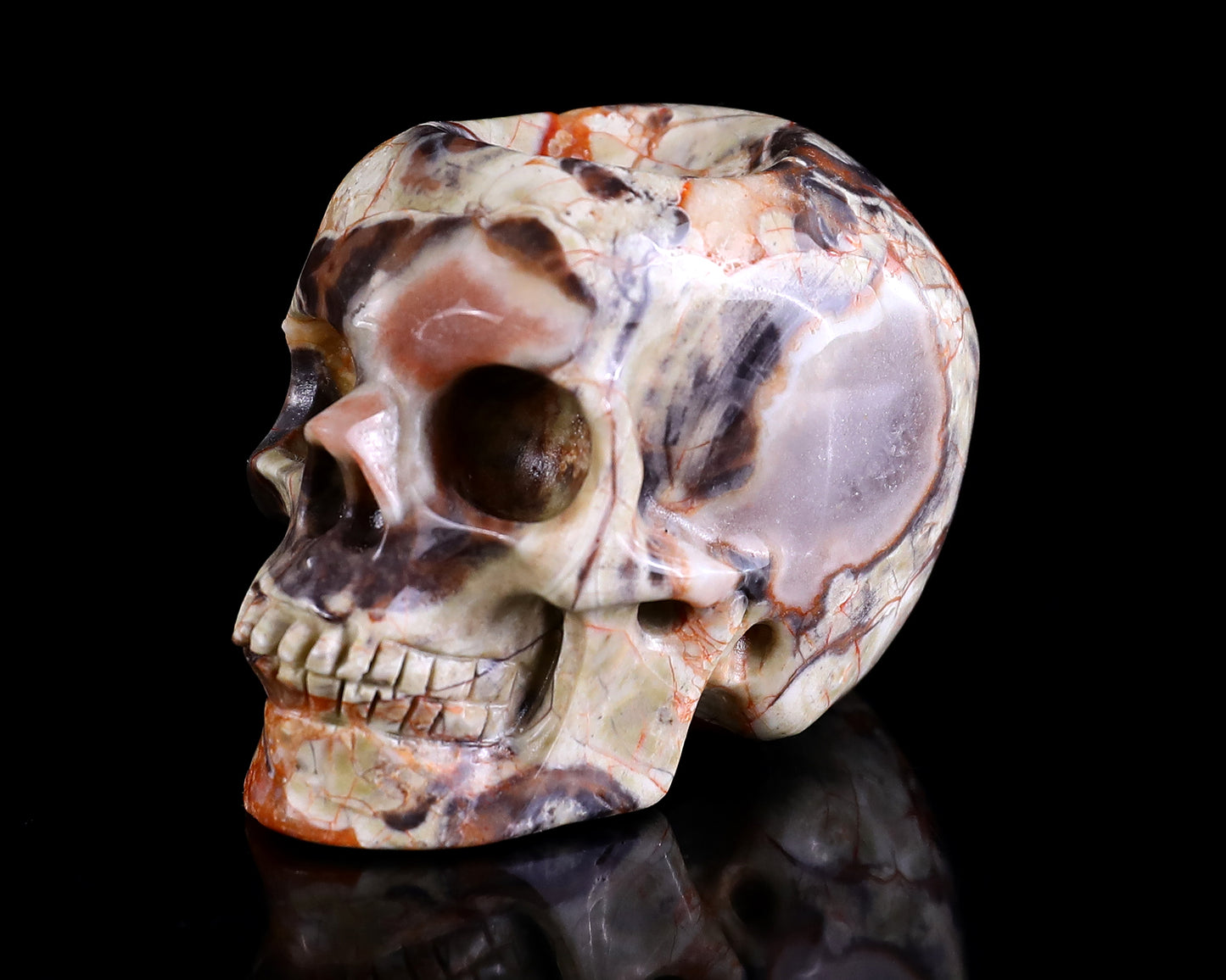 2.2" Coin Agate Hand Carved Crystal Realistic Skull Ball Stand Sculpture