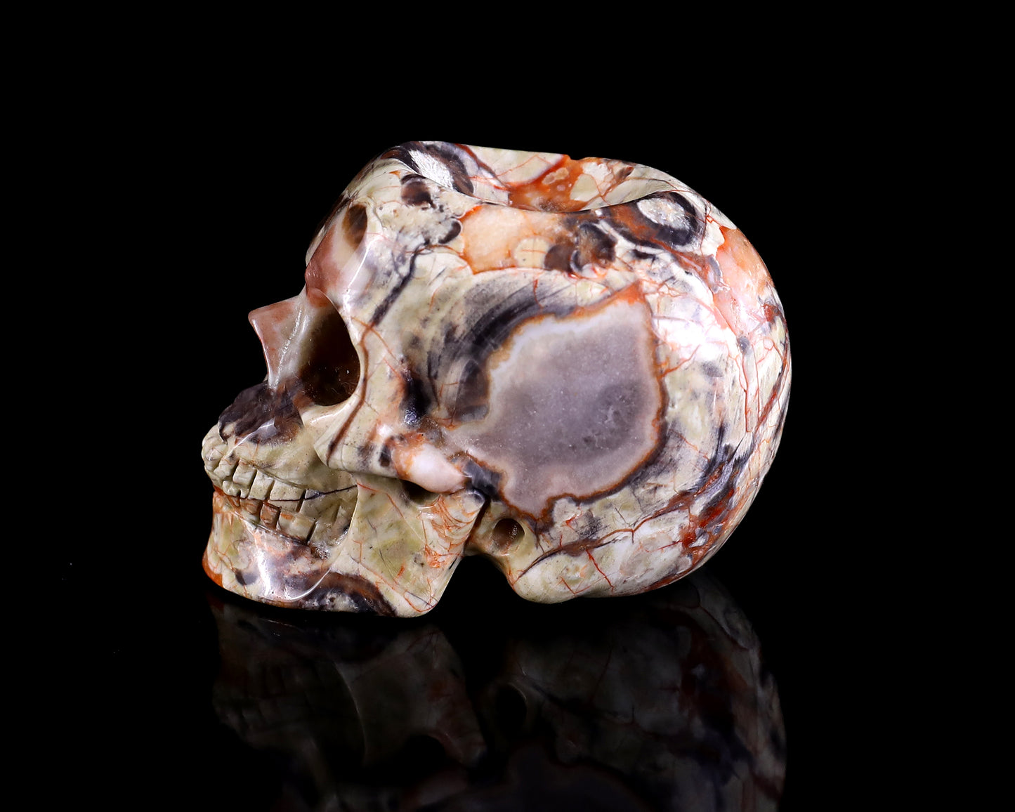 2.2" Coin Agate Hand Carved Crystal Realistic Skull Ball Stand Sculpture