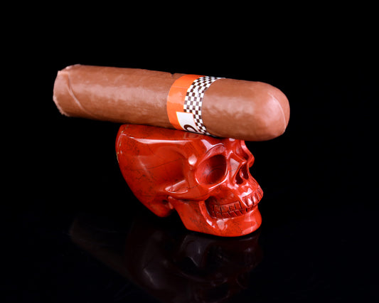 2.3" Red Jasper Hand Carved Crystal Realistic Skull Cigar Stand Sculpture