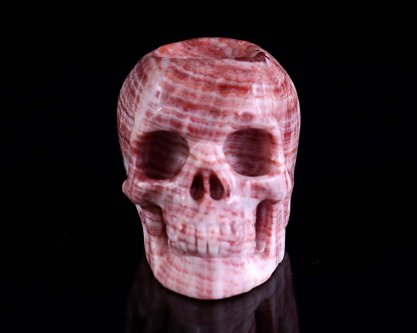 2.2" Red Zebra Agate Hand Carved Crystal Realistic Skull Ball Stand Sculpture