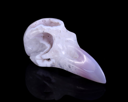 4.3" White Geode Agate Hand Carved Crystal Raven Skull Sculpture