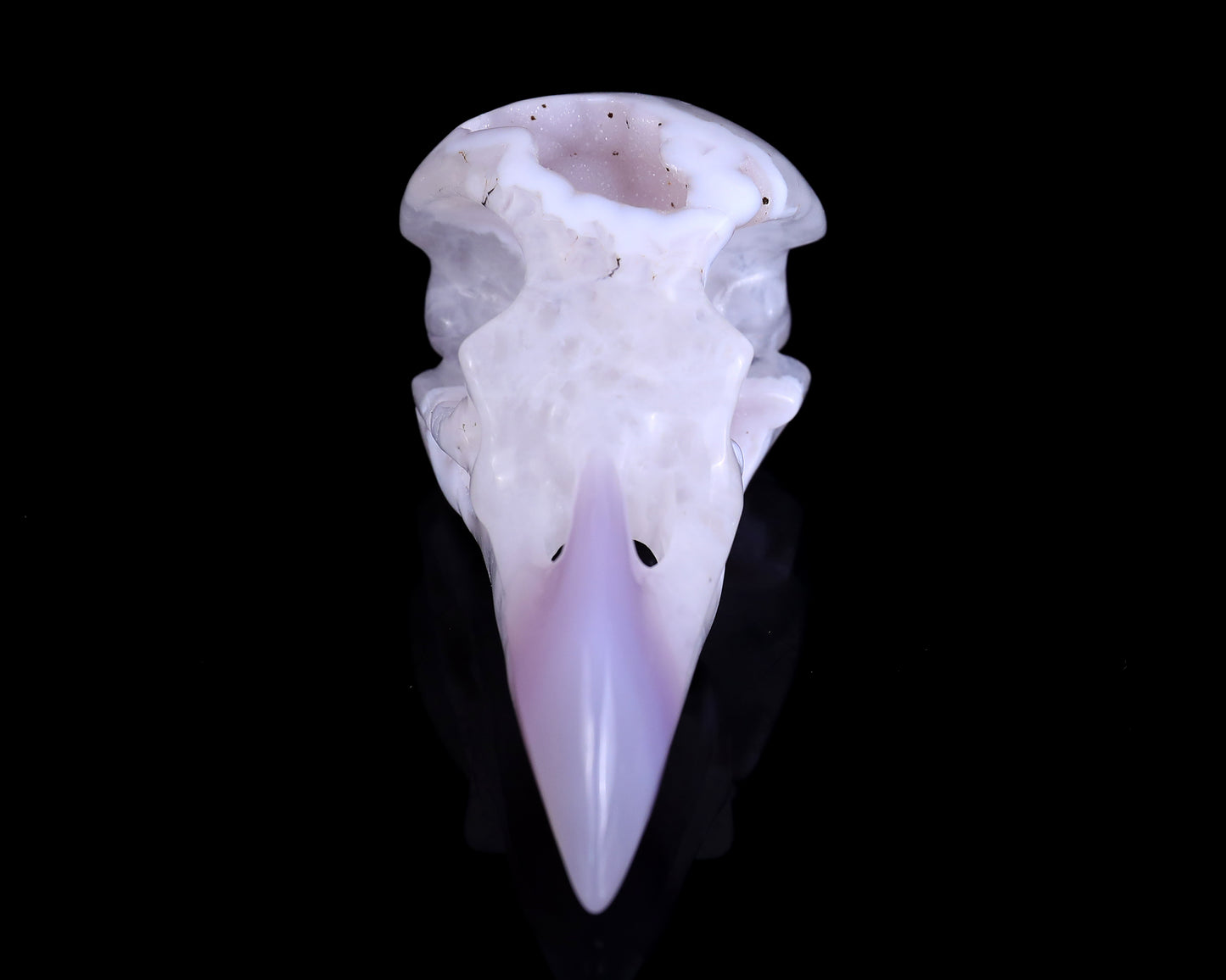 4.3" White Geode Agate Hand Carved Crystal Raven Skull Sculpture