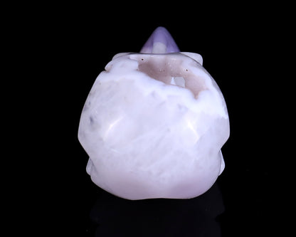 4.3" White Geode Agate Hand Carved Crystal Raven Skull Sculpture