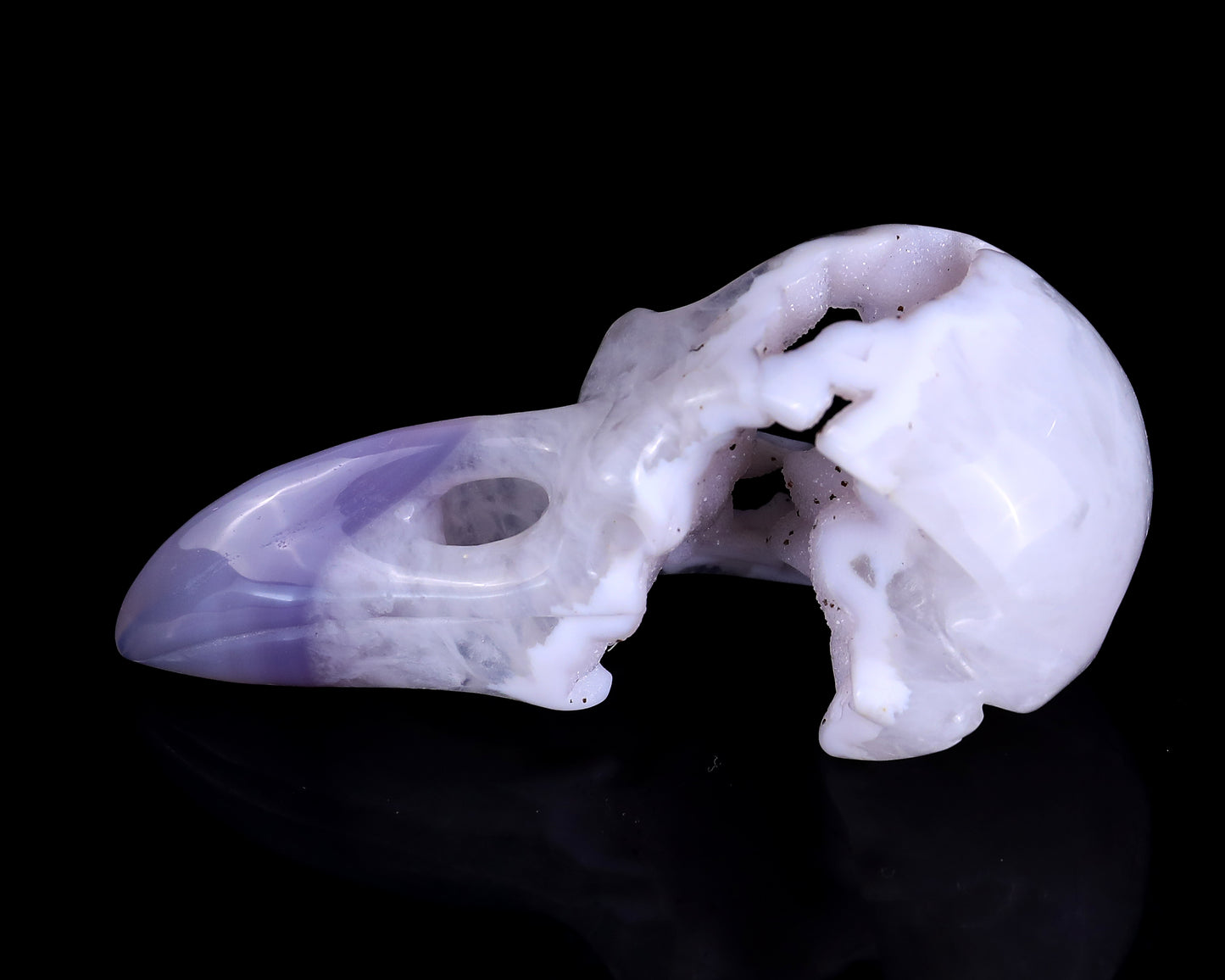 4.3" White Geode Agate Hand Carved Crystal Raven Skull Sculpture