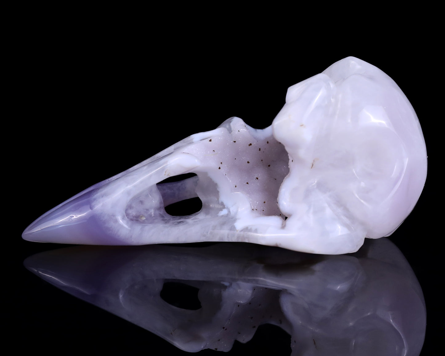 4.3" White Geode Agate Hand Carved Crystal Raven Skull Sculpture