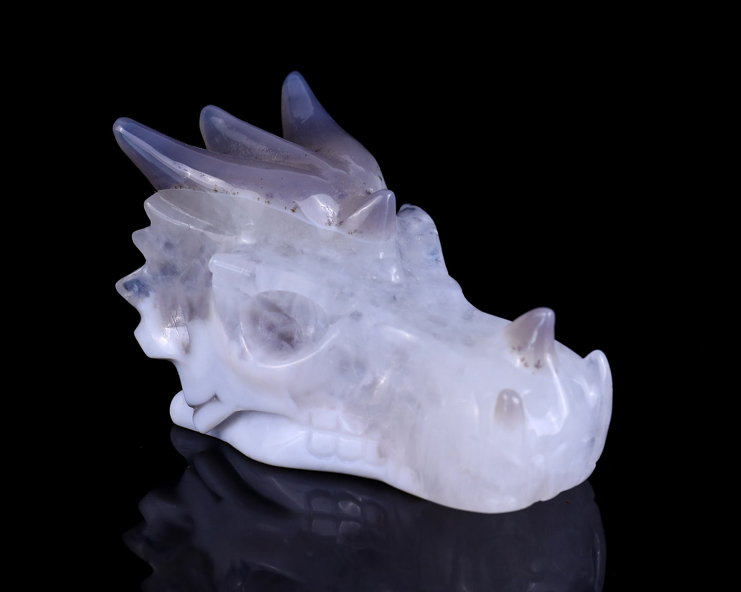 3.7" White Geode Agate Hand Carved Crystal Dragon Skull Sculpture