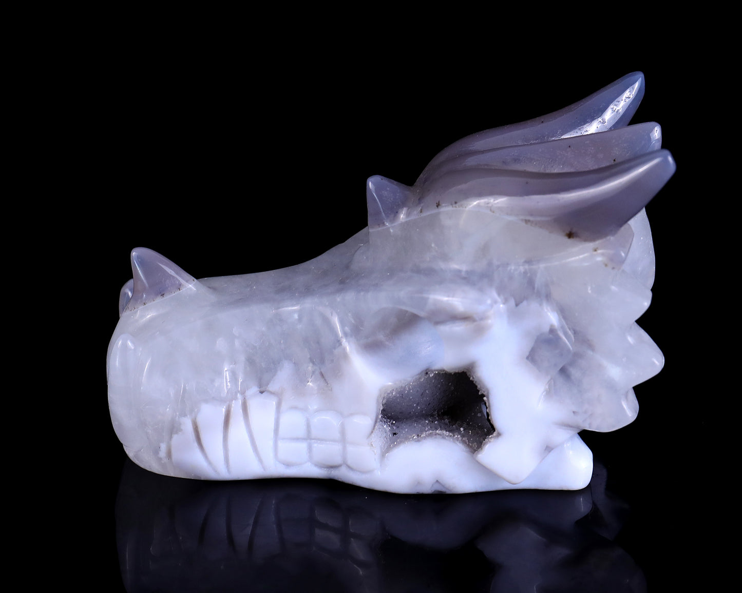 3.7" White Geode Agate Hand Carved Crystal Dragon Skull Sculpture