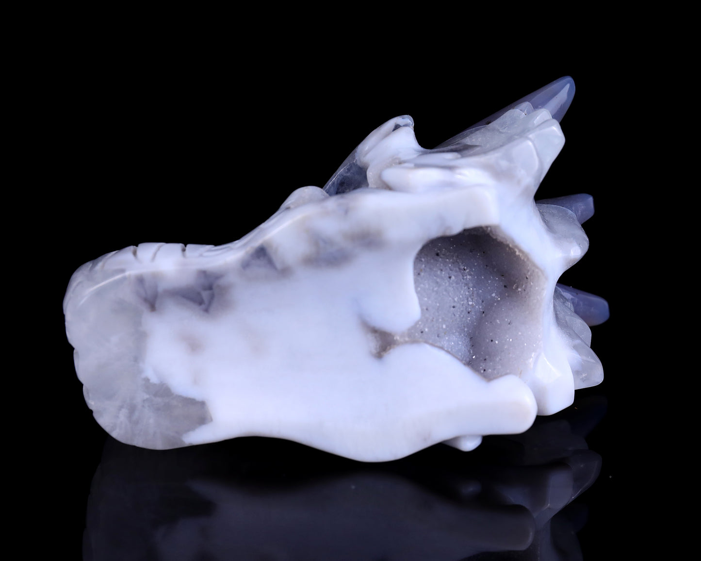 3.7" White Geode Agate Hand Carved Crystal Dragon Skull Sculpture