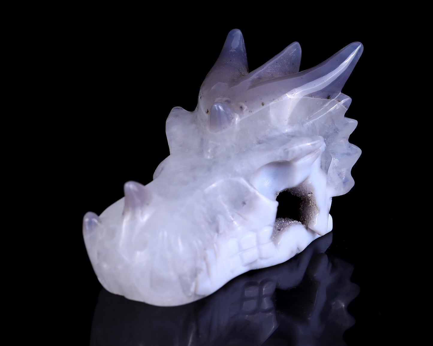 3.7" White Geode Agate Hand Carved Crystal Dragon Skull Sculpture