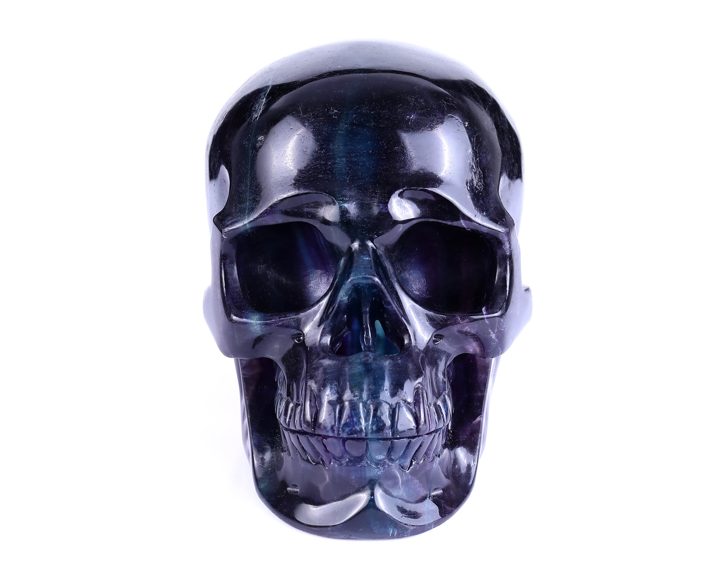 8.1" Fluorite Hand Carved Crystal Realistic Hollow Skull Sculpture