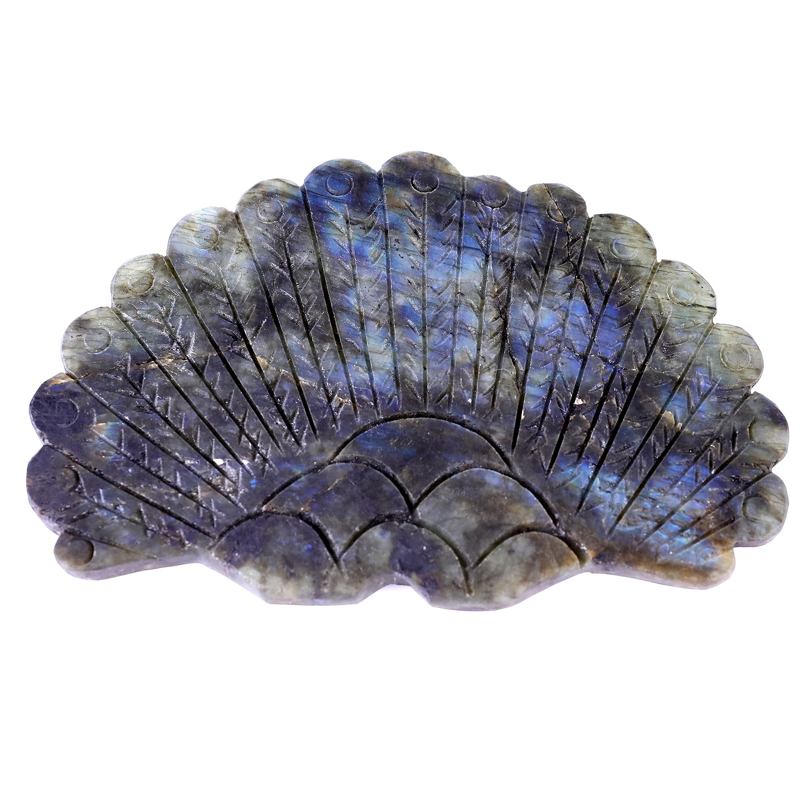 6.2" Labradorite Hand Carved Crystal Peacock Tail Wings Sculpture Crystallumi