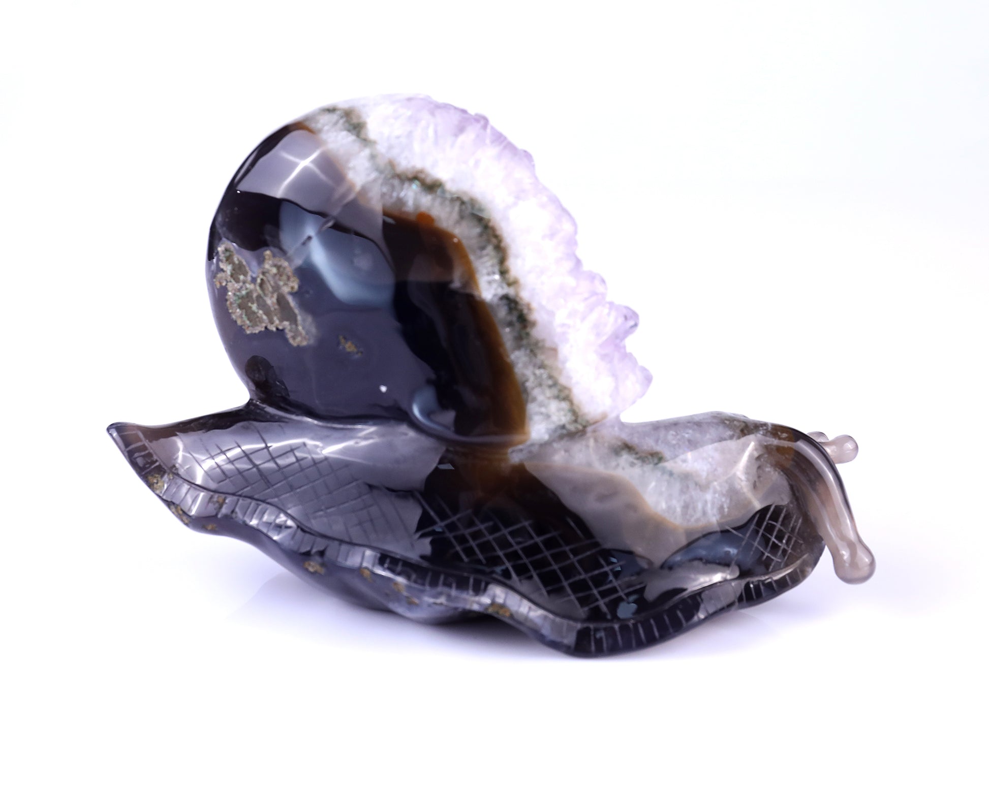 6.3" Amethyst Druse Agate Hand Carved Crystal Snail Sculpture Crystallumi