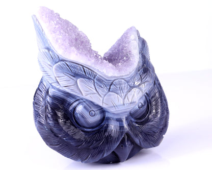 6.3" Amethyst Geode Agate Hand Carved Crystal Owl Sculpture Crystallumi