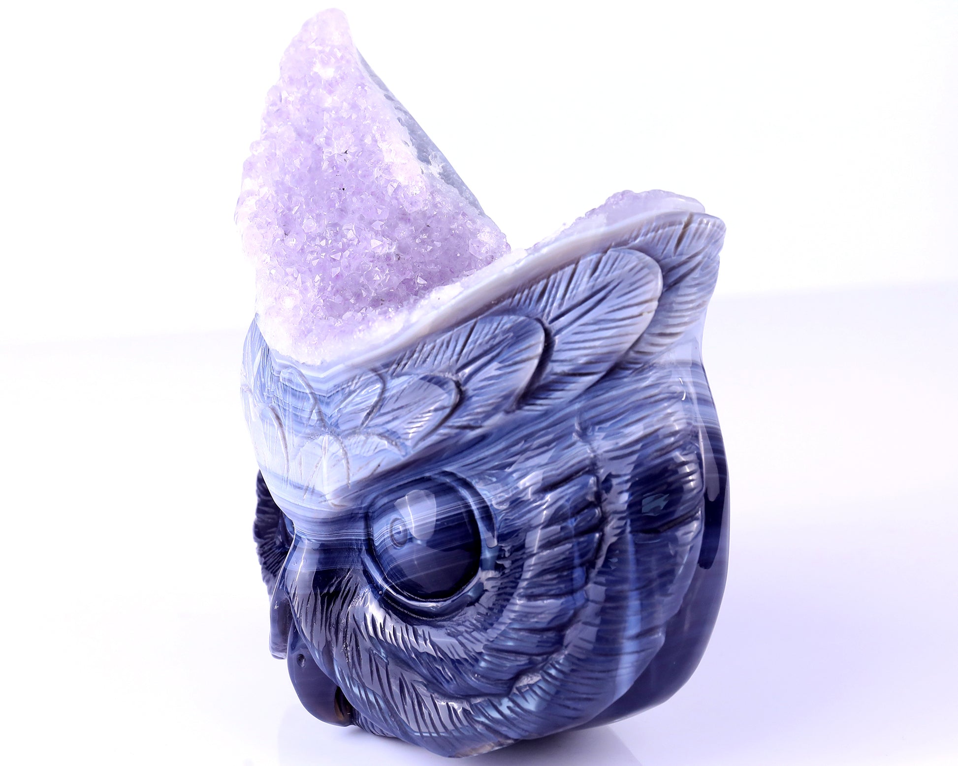 6.3" Amethyst Geode Agate Hand Carved Crystal Owl Sculpture Crystallumi