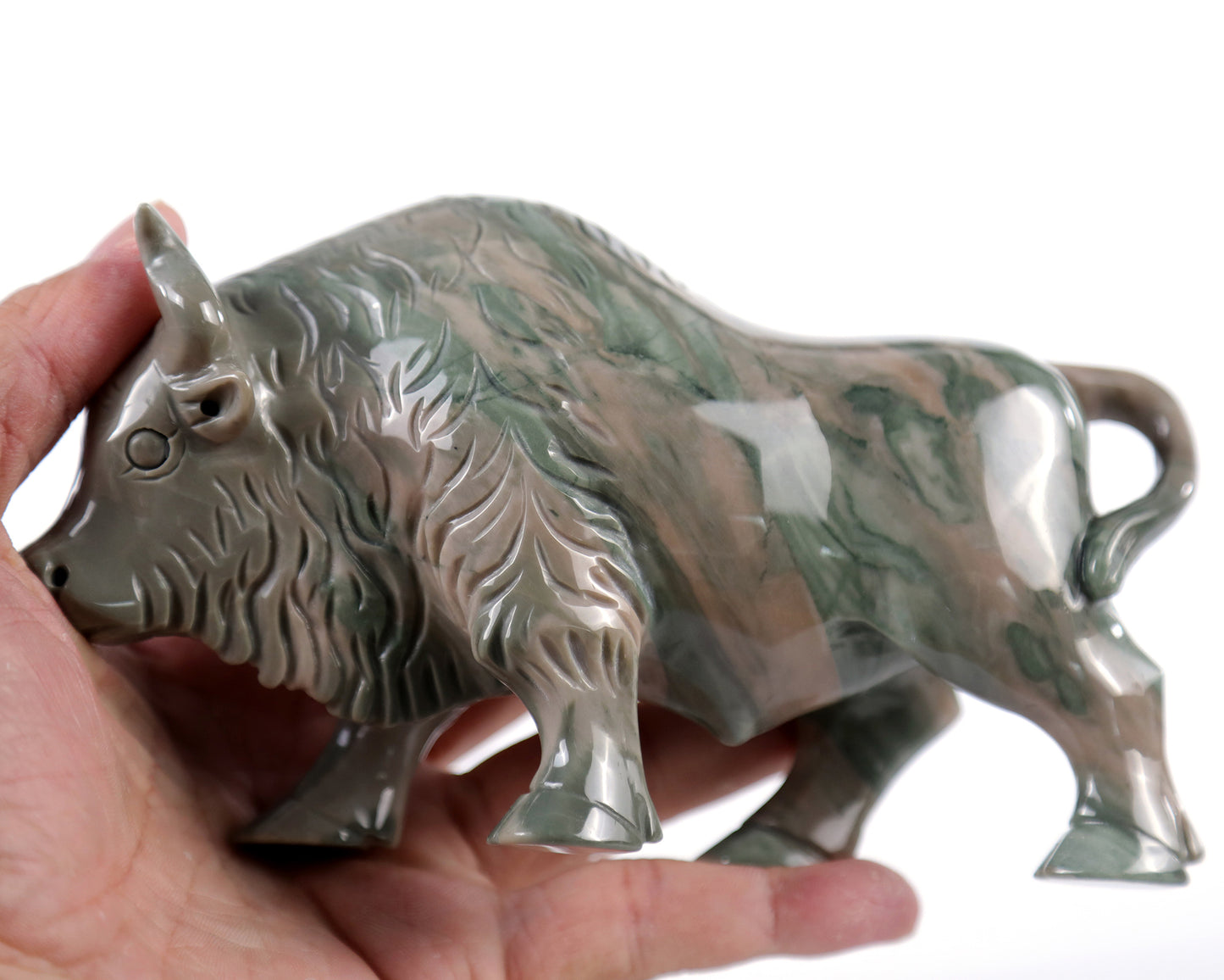 6.3" Jiulong Jade Hand Carved Crystal Cattle Sculpture Crystallumi