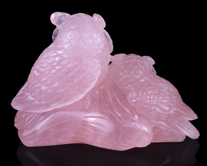 6.3" Rose Quartz Hand Carved Crystal Owls Sculpture Crystallumi