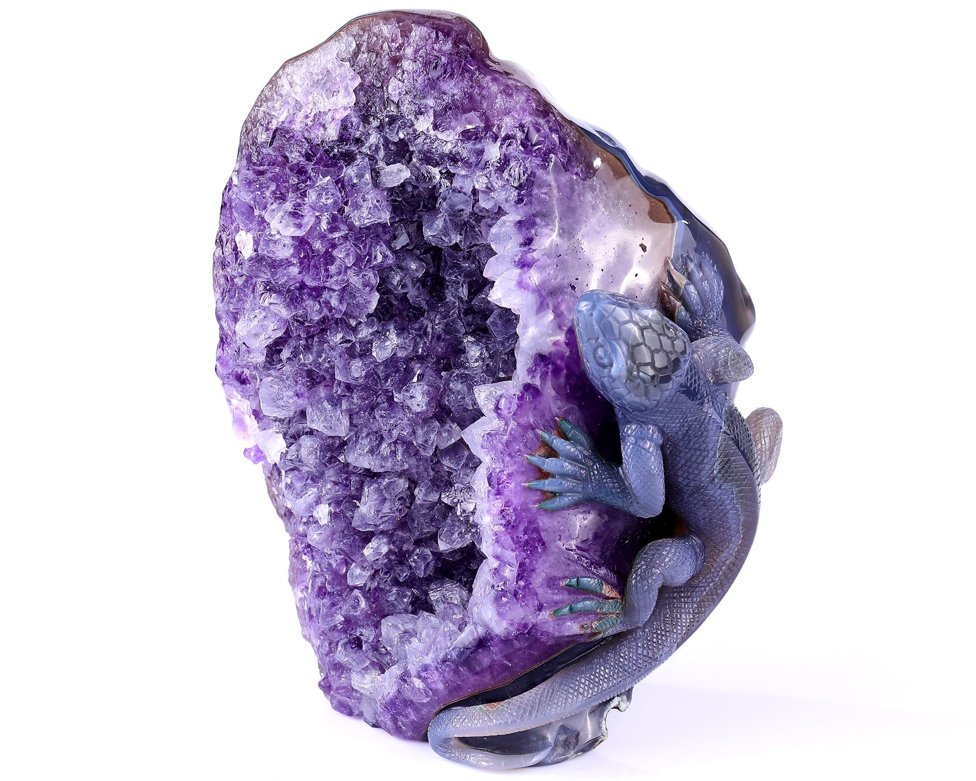 6.4" Amethyst Geode Agate Hand Carved Crystal Lizard Sculpture Crystallumi