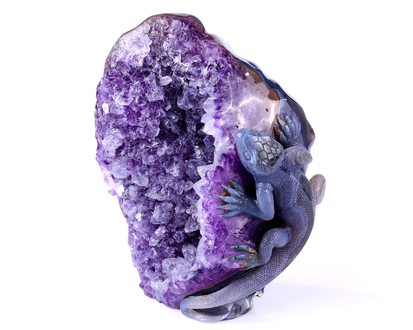 6.4" Amethyst Geode Agate Hand Carved Crystal Lizard Sculpture Crystallumi