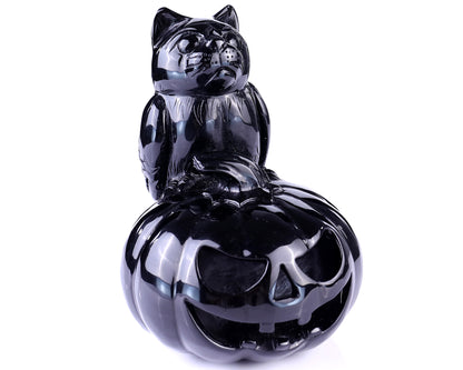 6.4” Natural Black Obsidian Hand Carved Crystal Pumpkin and Owl Sculpture, Halloween Gift Crystallumi