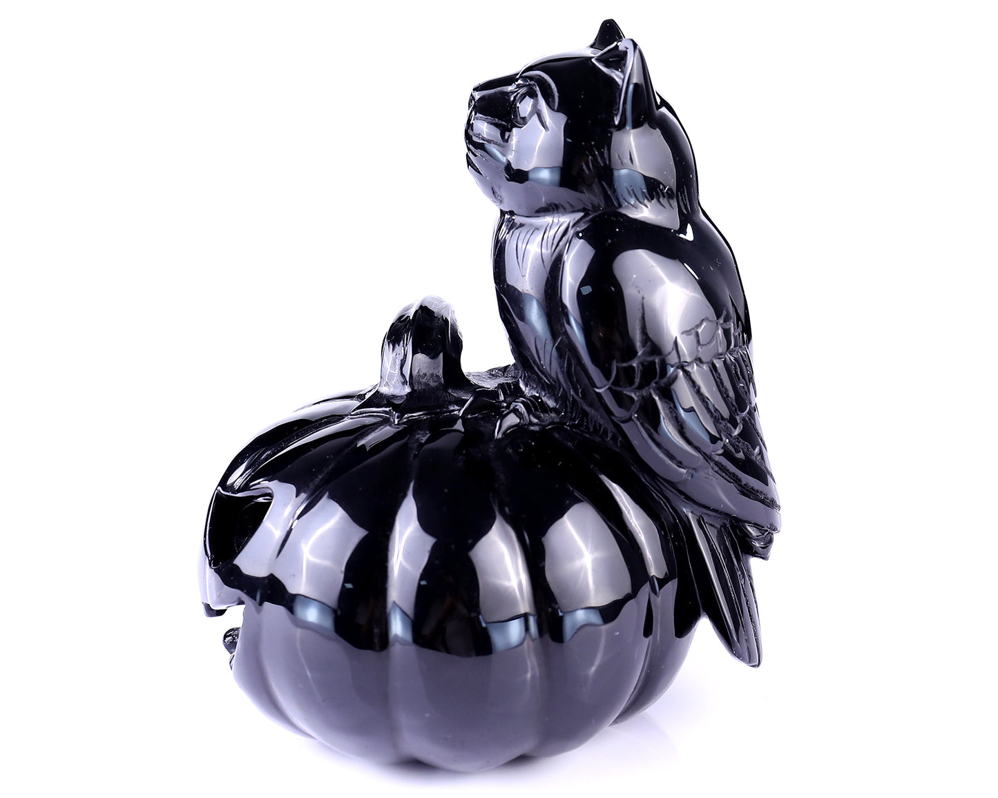 6.4” Natural Black Obsidian Hand Carved Crystal Pumpkin and Owl Sculpture, Halloween Gift Crystallumi