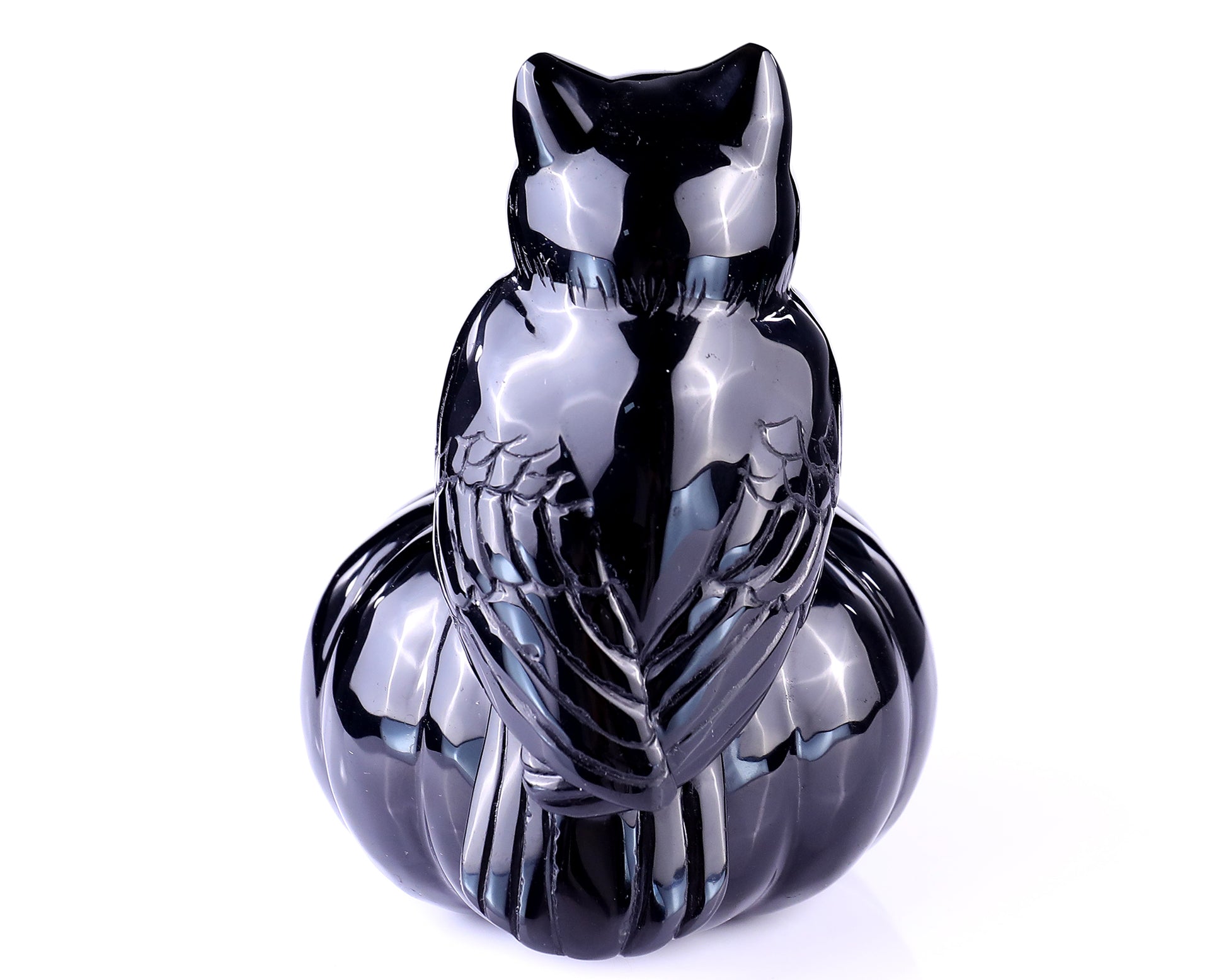 6.4” Natural Black Obsidian Hand Carved Crystal Pumpkin and Owl Sculpture, Halloween Gift Crystallumi