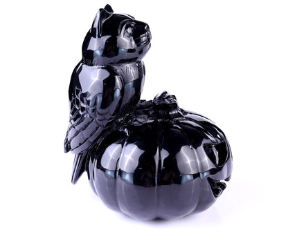 6.4” Natural Black Obsidian Hand Carved Crystal Pumpkin and Owl Sculpture, Halloween Gift Crystallumi