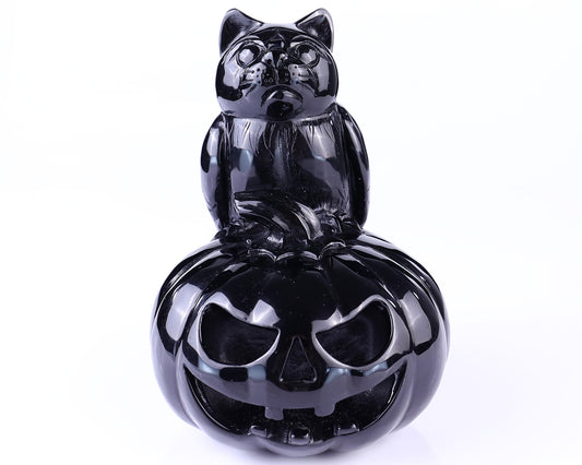 6.4” Natural Black Obsidian Hand Carved Crystal Pumpkin and Owl Sculpture, Halloween Gift Crystallumi