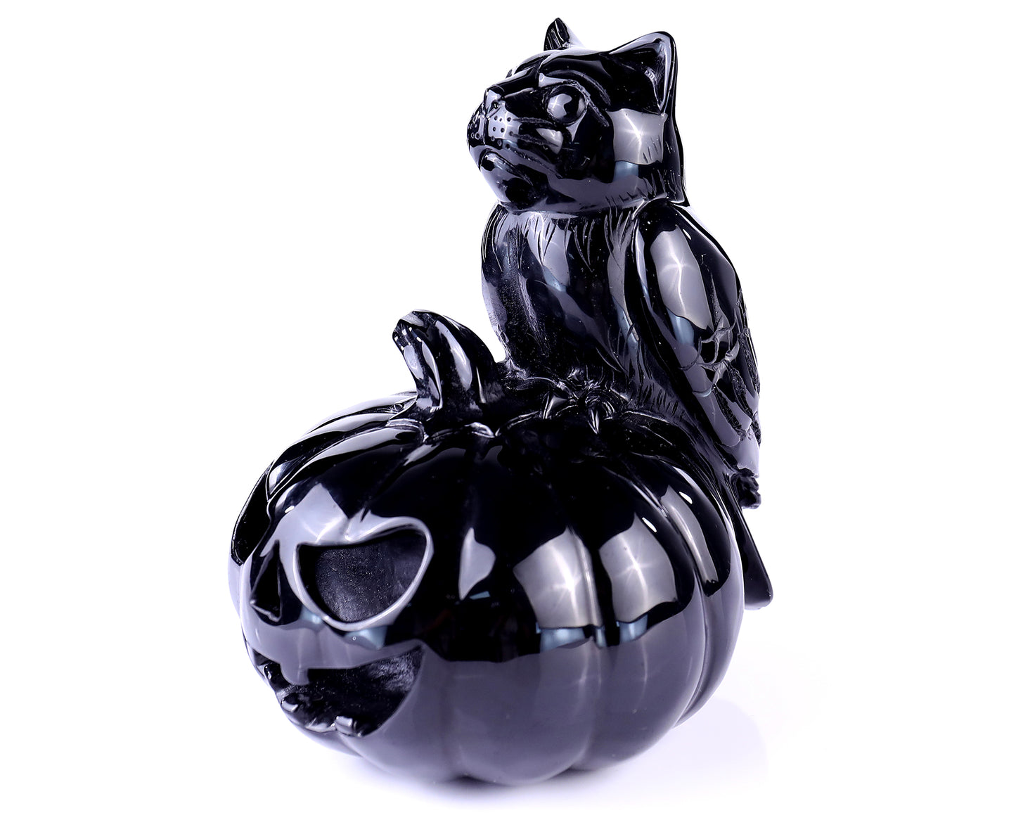 6.4” Natural Black Obsidian Hand Carved Crystal Pumpkin and Owl Sculpture, Halloween Gift Crystallumi