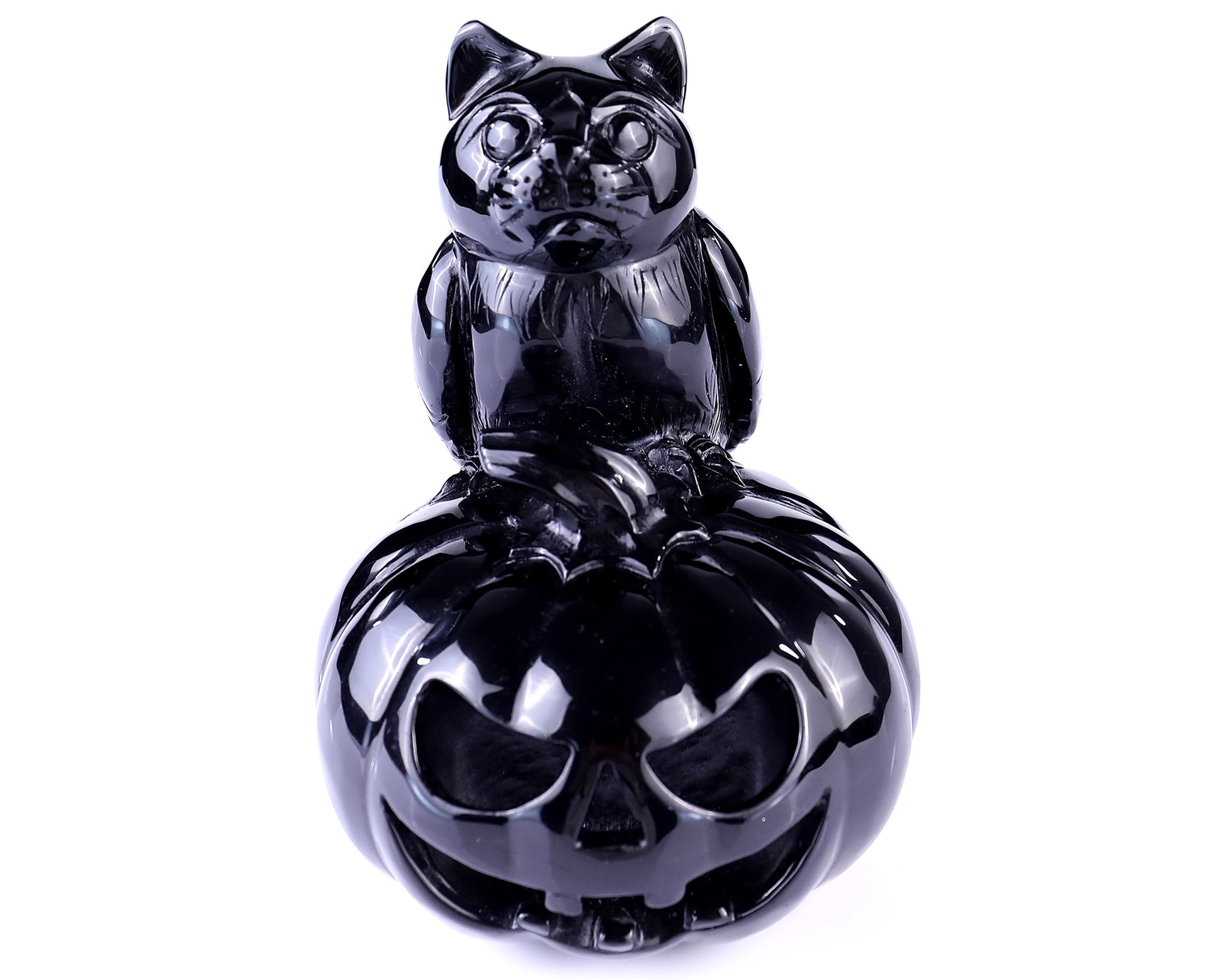 6.4” Natural Black Obsidian Hand Carved Crystal Pumpkin and Owl Sculpture, Halloween Gift Crystallumi