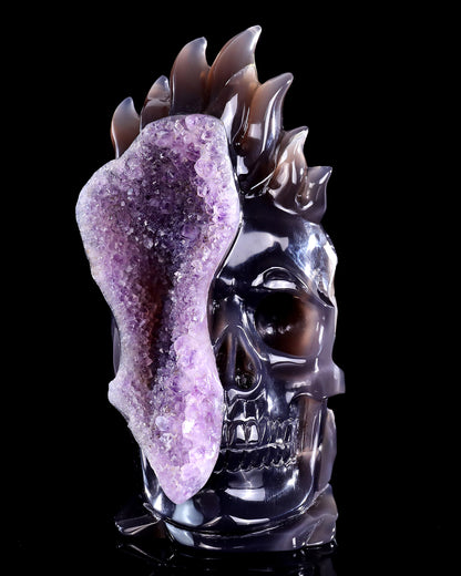 8.3" Amethyst Druse Agate Hand Carved Mineral Specimen Skull Sculpture