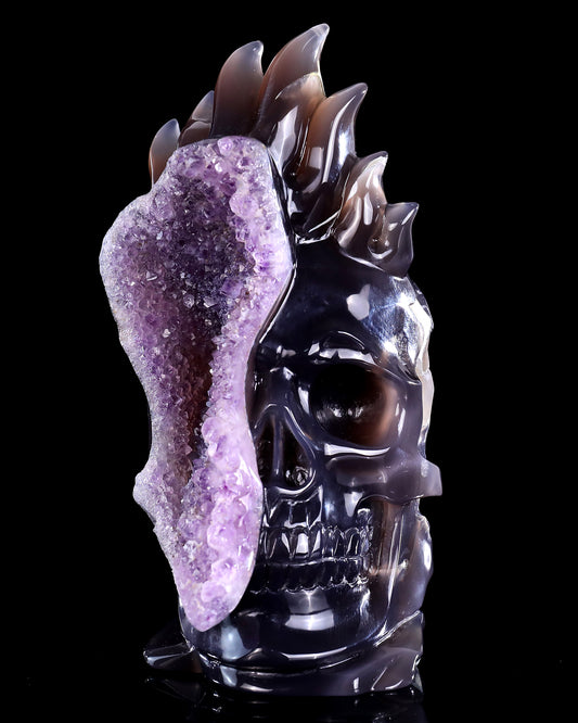 8.3" Amethyst Druse Agate Hand Carved Mineral Specimen Skull Sculpture