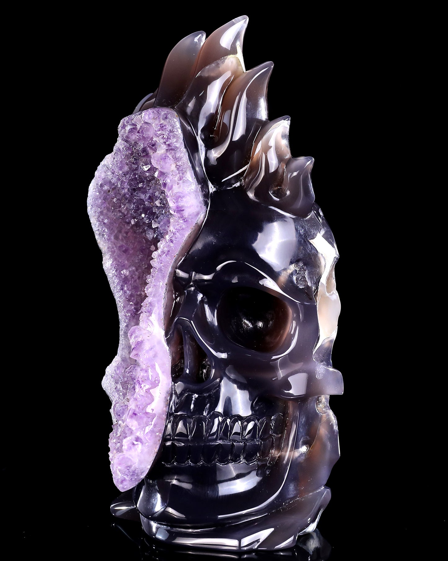 8.3" Amethyst Druse Agate Hand Carved Mineral Specimen Skull Sculpture