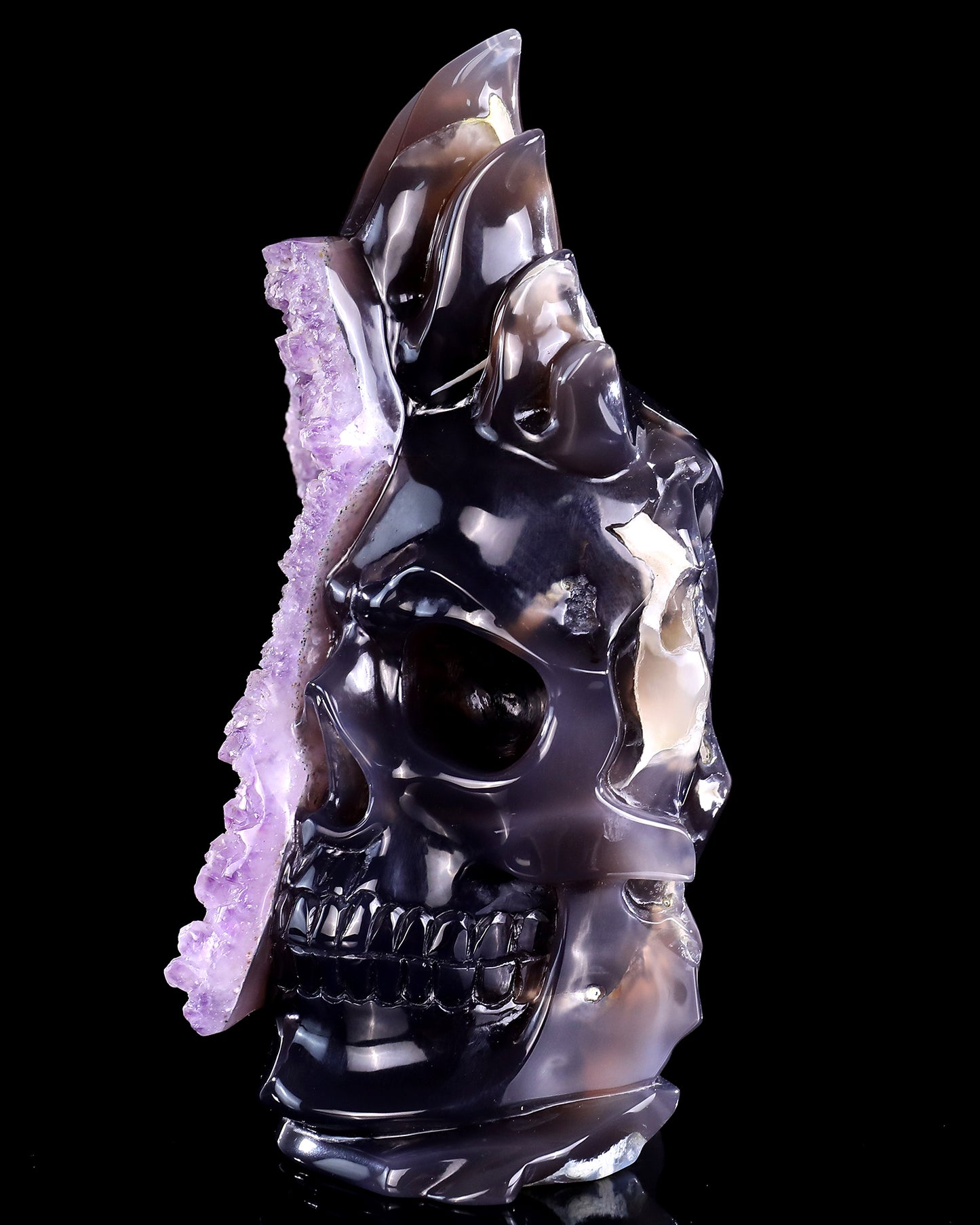 8.3" Amethyst Druse Agate Hand Carved Mineral Specimen Skull Sculpture