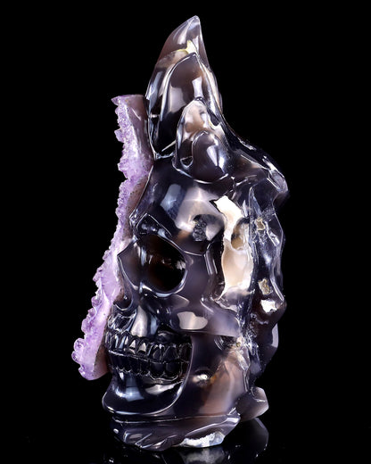 8.3" Amethyst Druse Agate Hand Carved Mineral Specimen Skull Sculpture