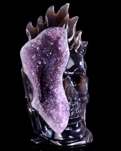 8.3" Amethyst Druse Agate Hand Carved Mineral Specimen Skull Sculpture