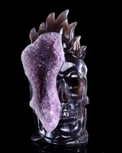 8.3" Amethyst Druse Agate Hand Carved Mineral Specimen Skull Sculpture