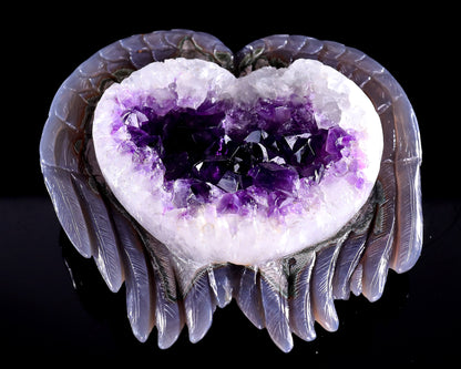 6.3" Amethyst Druse Agate Hand Carved Angel Wings Sculpture