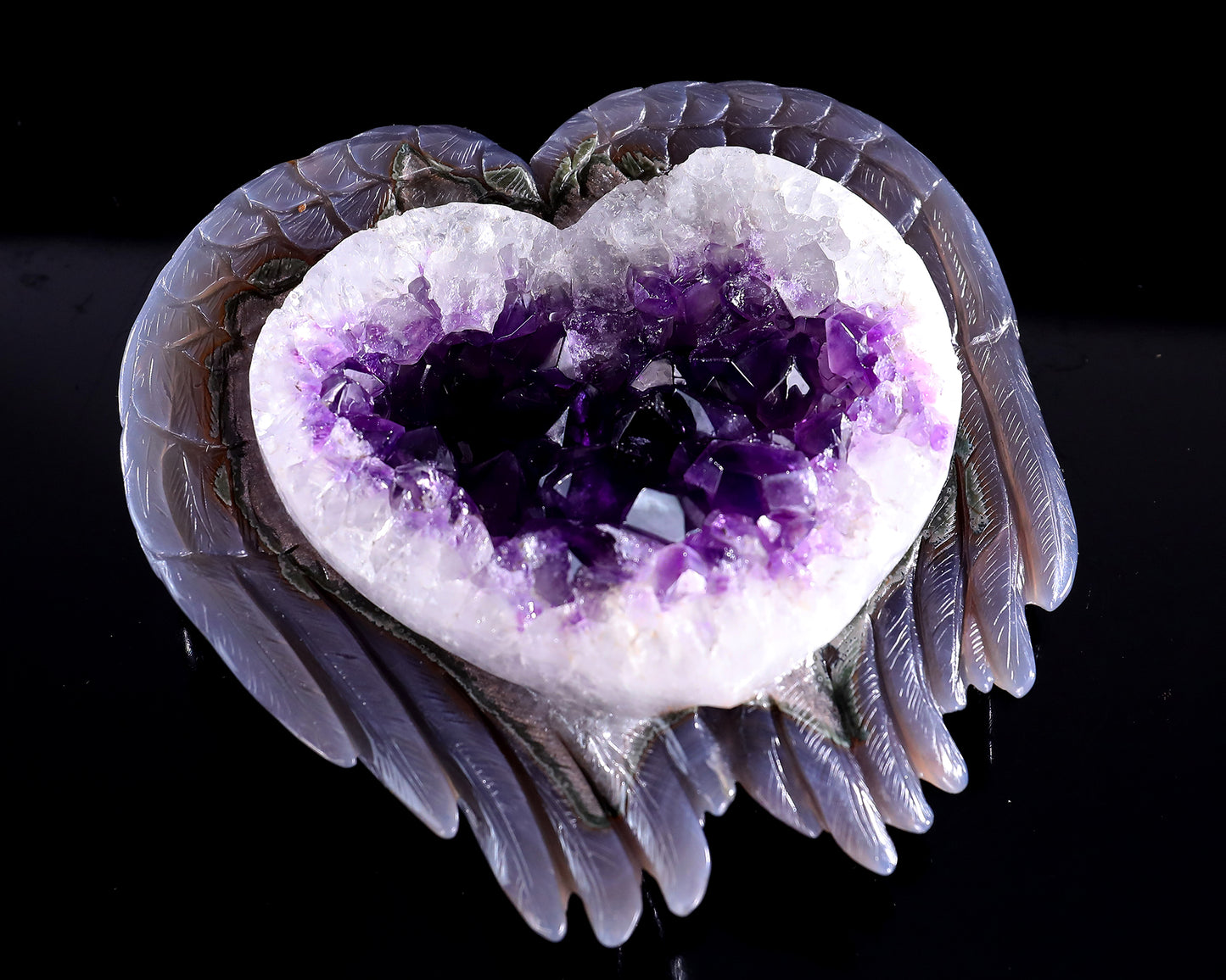 6.3" Amethyst Druse Agate Hand Carved Angel Wings Sculpture